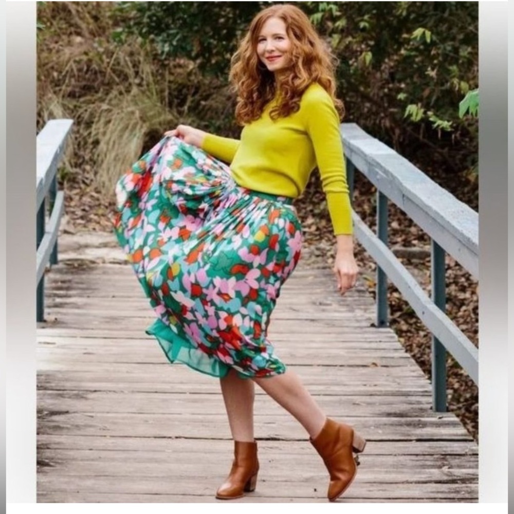 J. Crew Floral Green Midi Skirt with Multicolor Blossoms